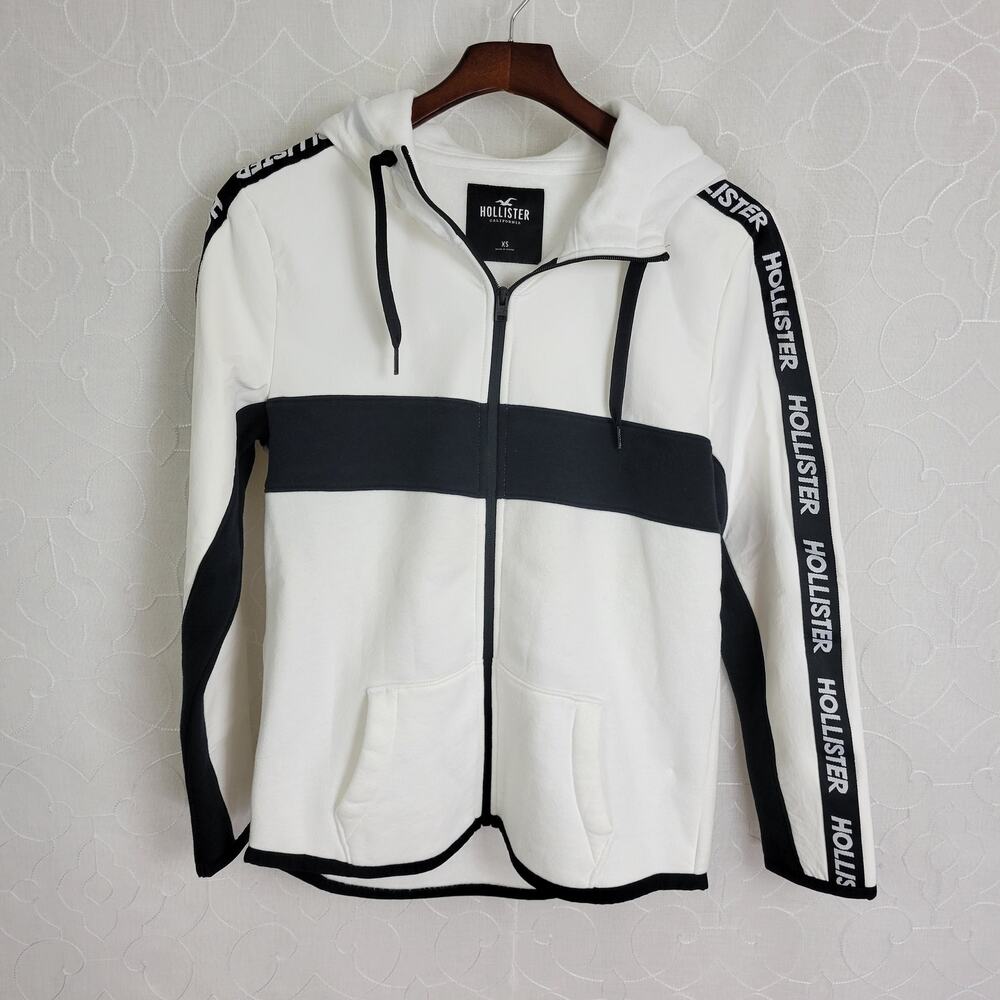 Hollister Full Zip‎ Hoodie Womens X-Small Black White Spell Out Sleeves Sporty